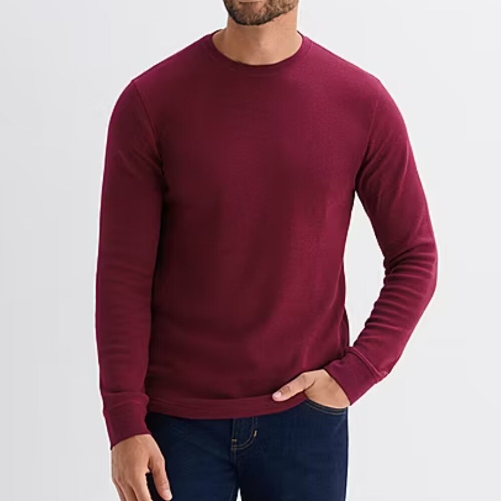 5/$15 St. John's Bay Waffle Knit Red Burgundy Crew Neck Thermal Top Shirt